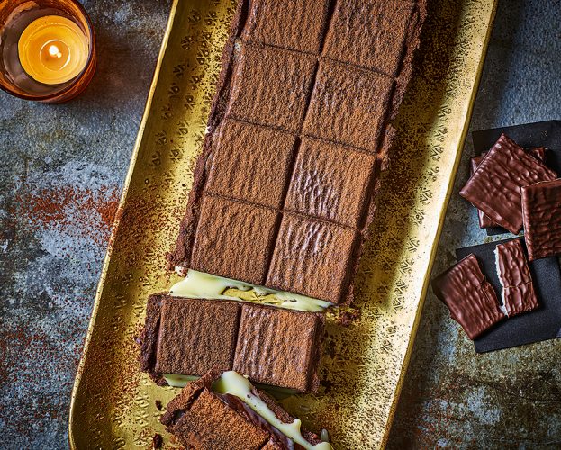 After Eights chocolate tart shown in a festive table setting