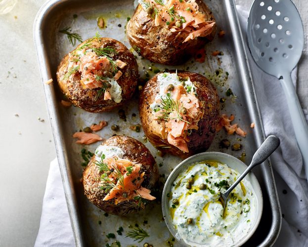 Baked potatoes with smoked salmon