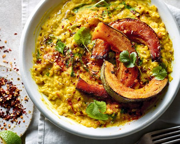 Spiced lentils and rice, topped with roast squash