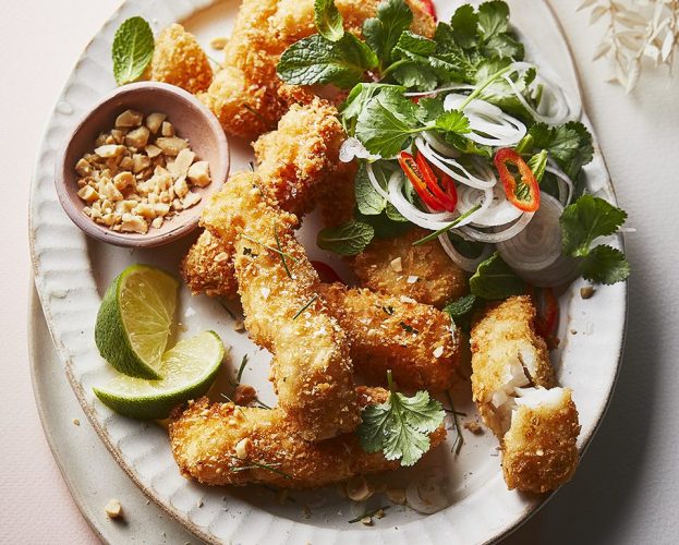 Peanut and lime fish goujons
