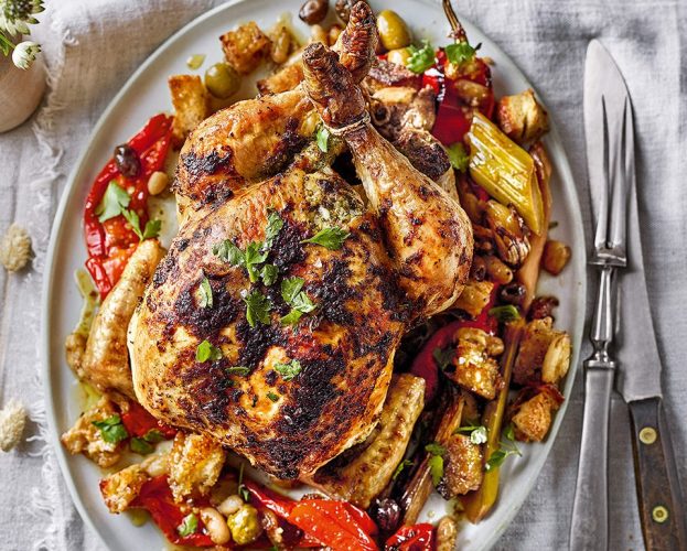 Roast chicken with leeks