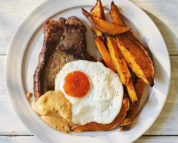 Steak egg sweet potato