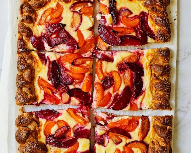 Plum and apricot brioche tart