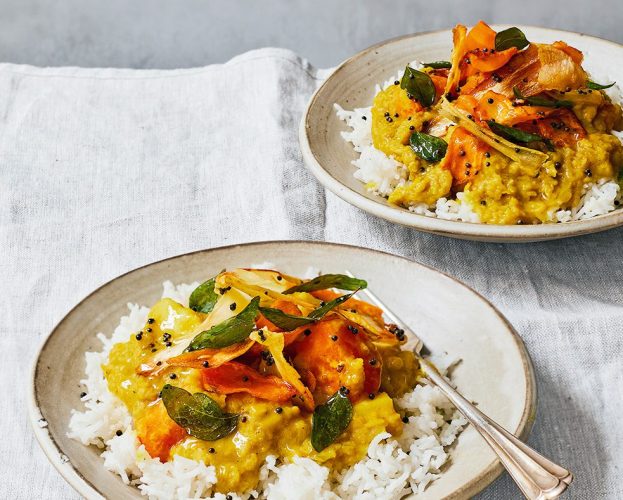 Two bowls of parsnip, carrot and red lentil dal