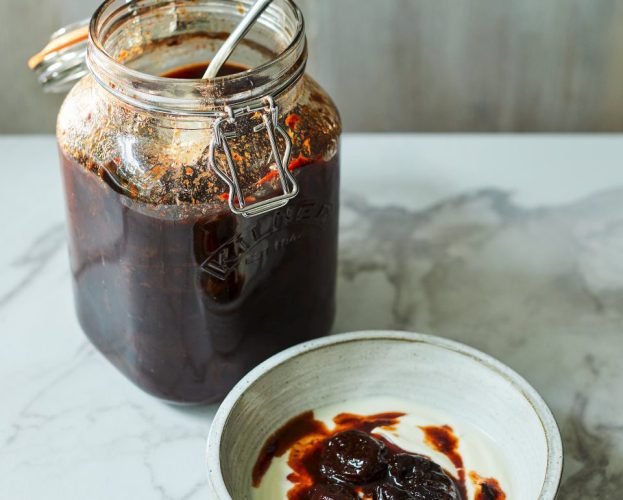 Jar of boozy prunes