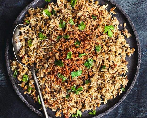 A platter of moujadara, Lebanese rice and onions