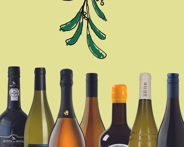 A row of wine bottles with an illustrated sprig of mistletoe above