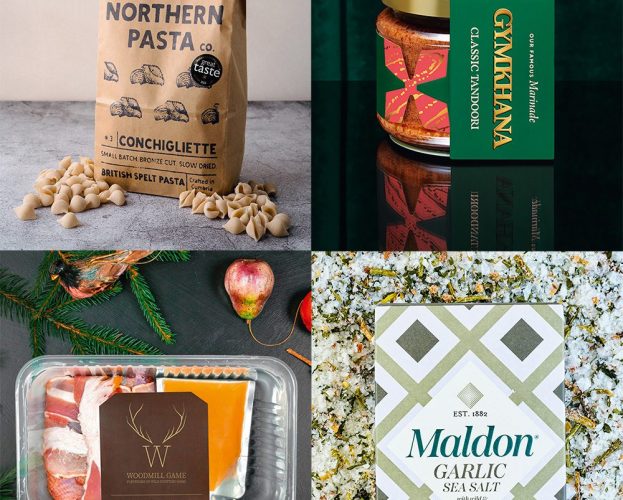 A selection of food products including a bag of dried pasta, jar of curry paste, prepared meat and box of flavoured salt
