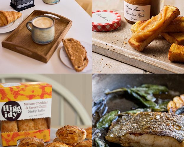 A selection of new food and drink products including coffee, caramelised apple spread, veggie rolls and fresh fish