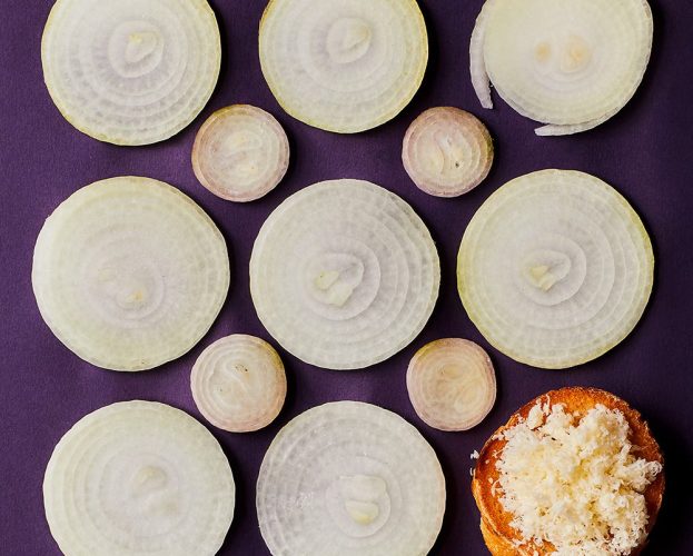 Slices of raw onion and shallot for making French onion soup