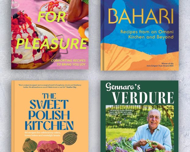 The covers of four cookbooks released in late 2023 and early 2024: Gennaro's Verdure, The Sweet Polish Kitchen by Ren Behan, Bahari by Dina Macki and Baking for Pleasure by Ravneet Gill