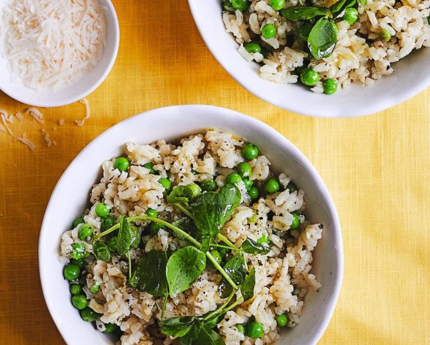 Two bowls of pressure cooker pea, mint and parmesan risotto