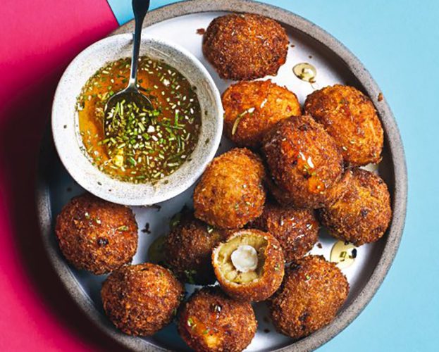 Crunchy mozzarella- stuffed olives with rosemary honey
