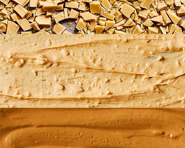 Three stages of making caramelised white chocolate