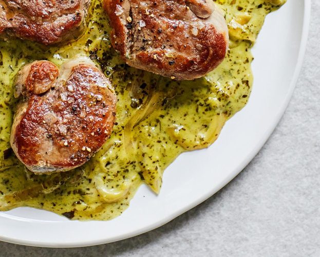 Creamy green sauce skillet pork medallions