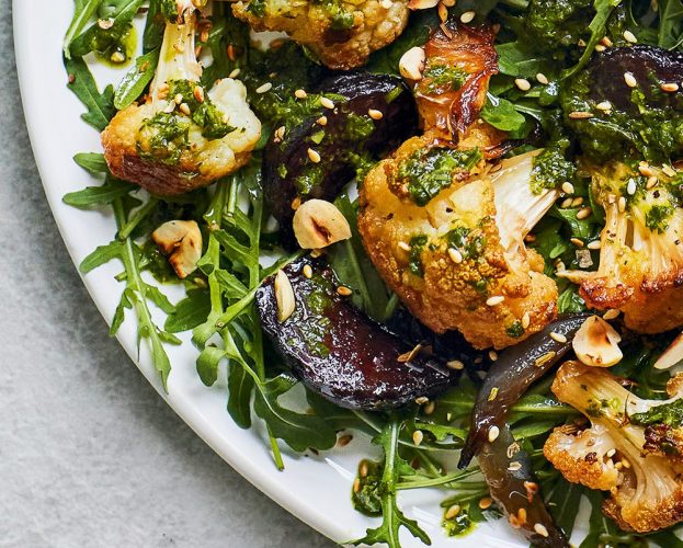 Green sauce salad recipe with roasted vegetables