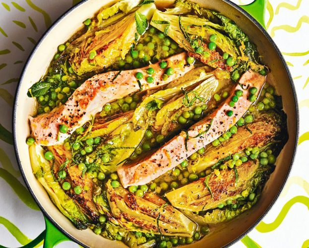Braised little gem with trout, peas and mint