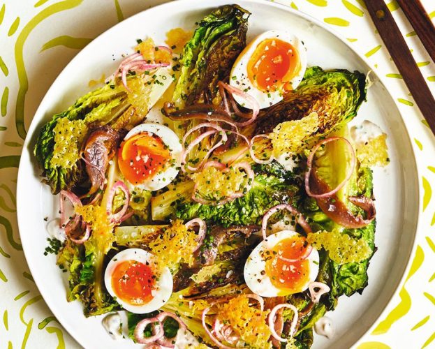 Charred little gem with soft-boiled eggs, anchovies and parmesan crisps
