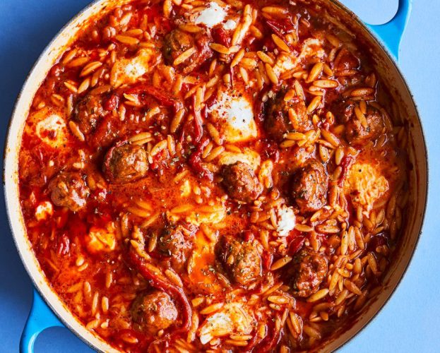 Harissa meatball orzo