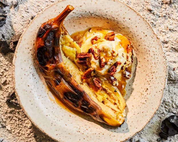 Barbecued maple and pecan banana splits
