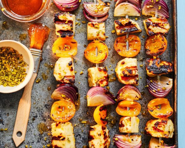 Halloumi, apricot and pistachio skewers