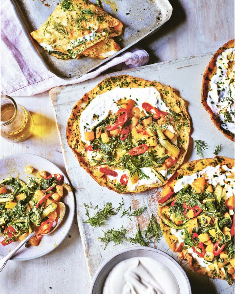 Chard, potato and chilli saffron omelettes with yogurt