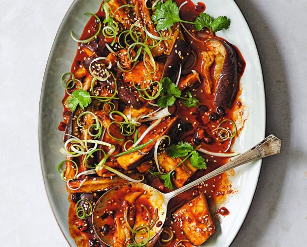 Steamed aubergine in a peanut and chilli dressing