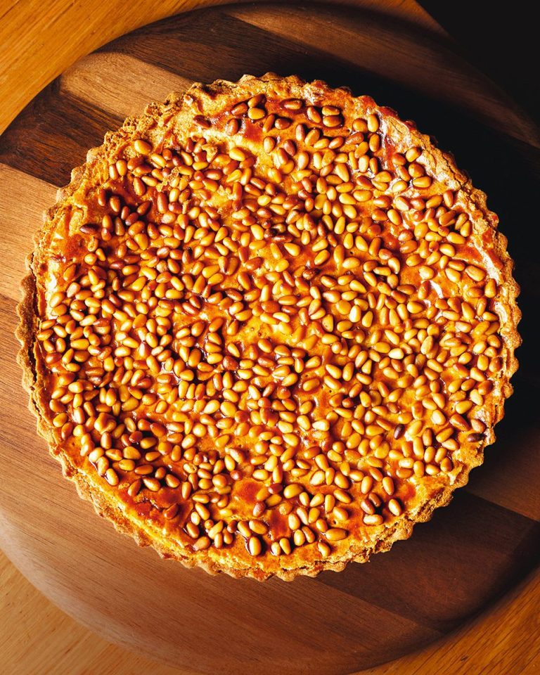 Torta della nonna (lemon custard tart with pine nut topping)