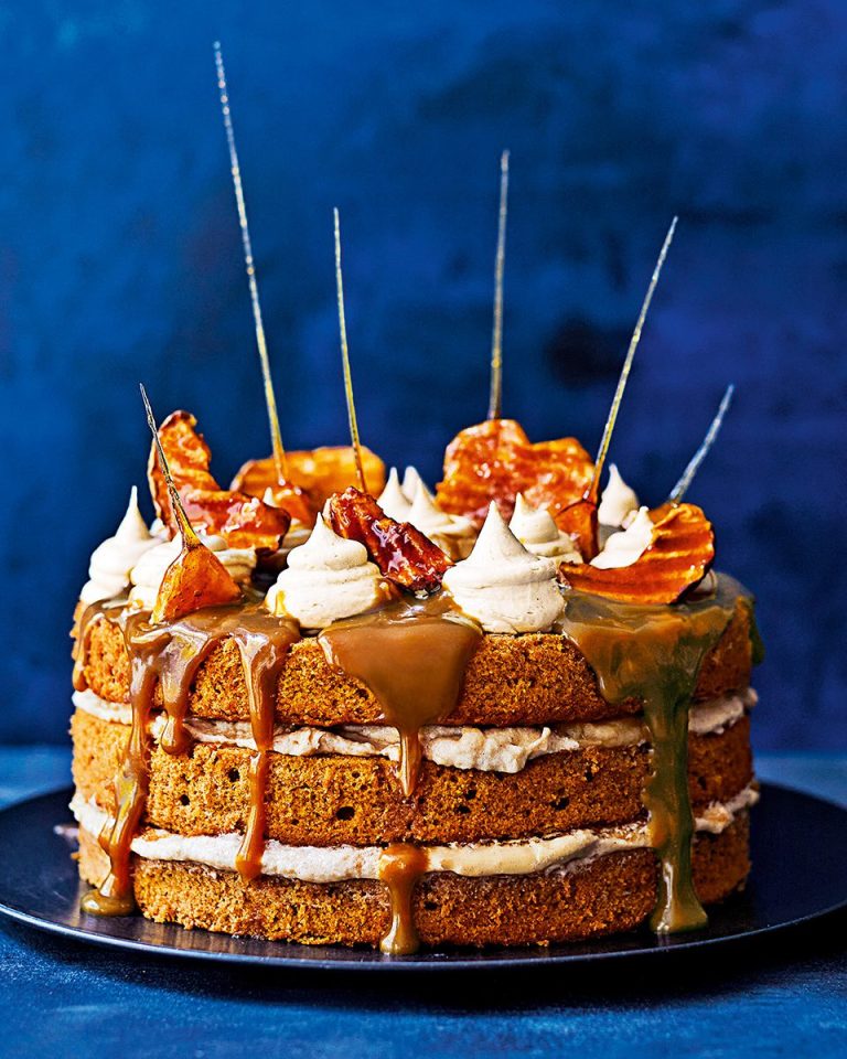 Tamarind toffee apple cake with caramel shards