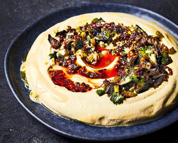 Houmous with caramelised aubergine, pomegranate & chilli crisp