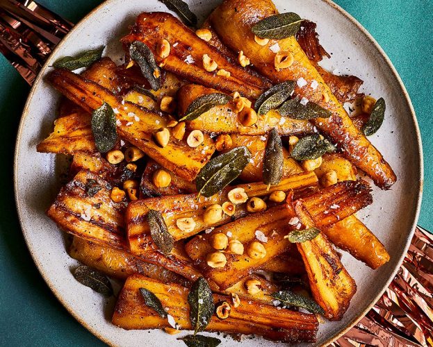 Butter-roast parsnips with hazelnuts and sage