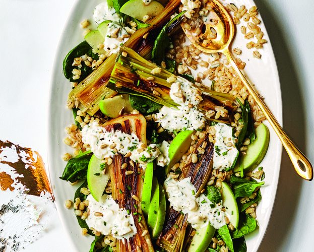 Charred leek, pearl barley and cheshire cheese salad