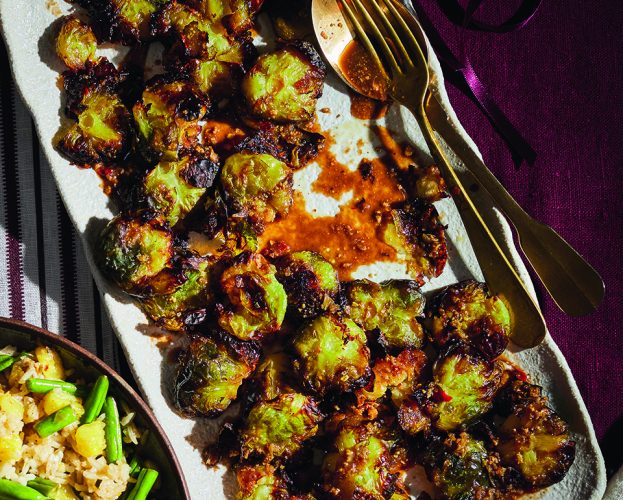 Smashed brussels sprouts with peanut nam jim
