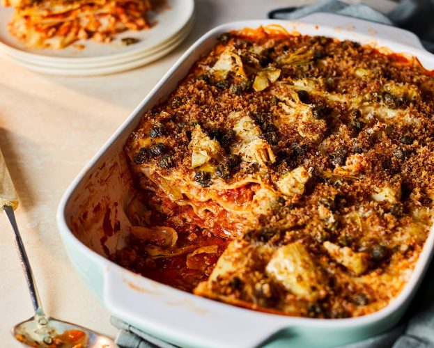 Pork and artichoke brown-butter lasagne with caper pangrattato