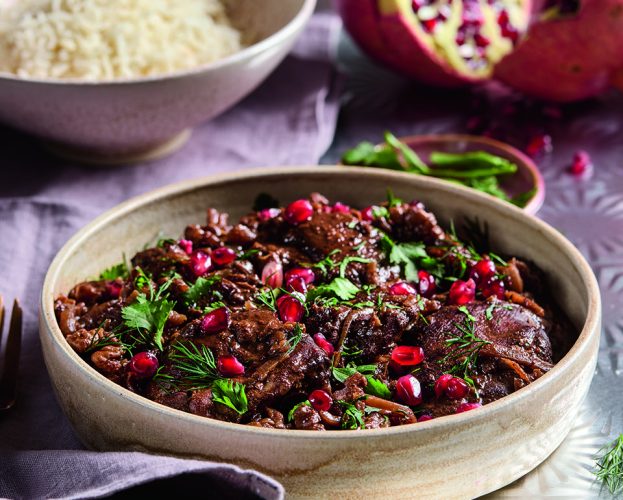 Slow cooker chicken stew with walnuts and pomegranate