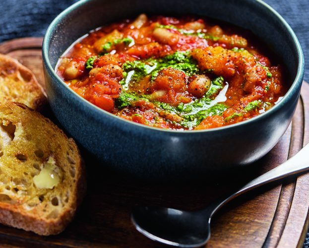 Slow cooker squash, cannellini bean and pesto stew