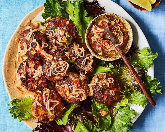 Indonesian minced pork cakes with chilli and lemongrass sambal