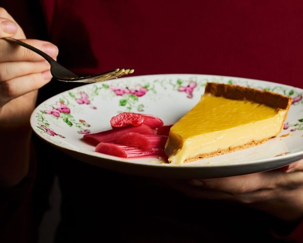 Honeyed mascarpone tart with oven-poached rhubarb
