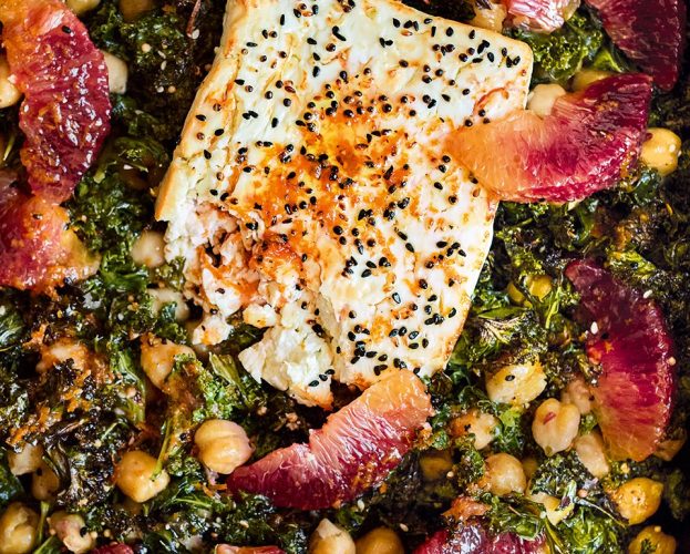 Baked feta with chickpeas, kale and blood orange