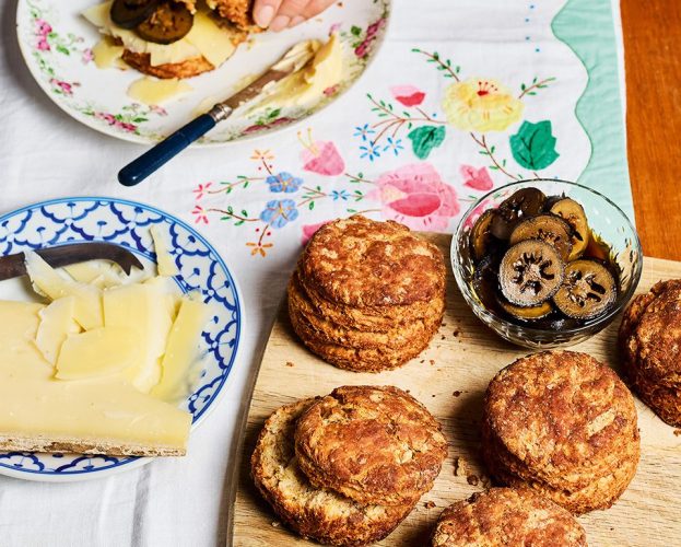 Wheaten scones with comté and pickled walnuts
