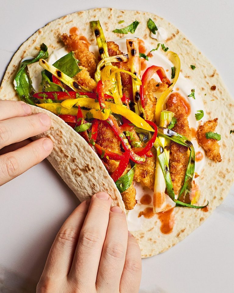 Crispy chicken fajitas with charred spring onions and Tex-Mex slaw