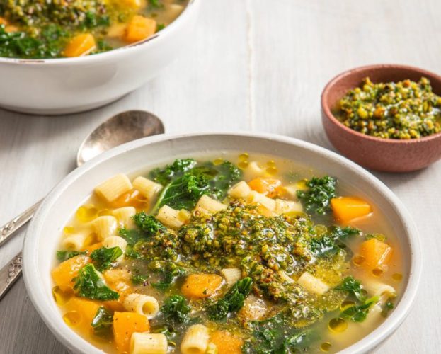 Swede, kale and ditaloni broth with pistachio pistou