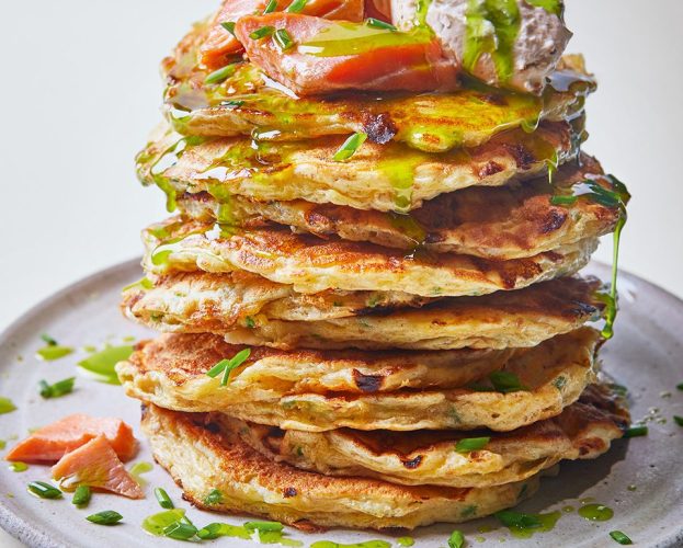 Cottage cheese and chive pancakes with hot-smoked trout