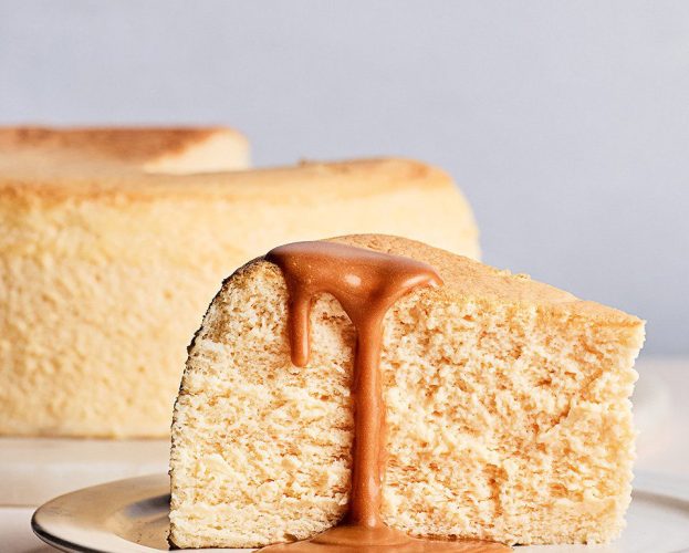 Japanese soufflé cheesecake with yuzu-caramel sauce