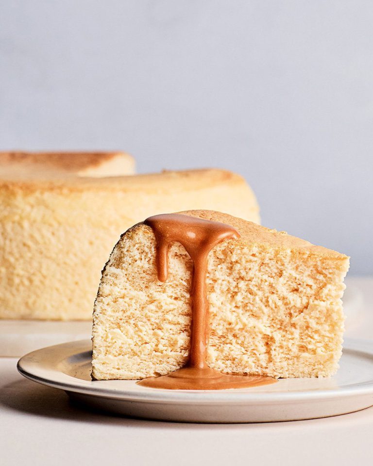 Japanese soufflé cheesecake with yuzu-caramel sauce