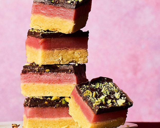 Rhubarb and pistachio millionaire's shortbread