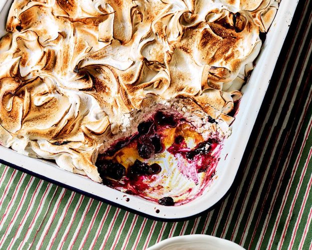 Blueberry queen of puddings with brown sugar meringue