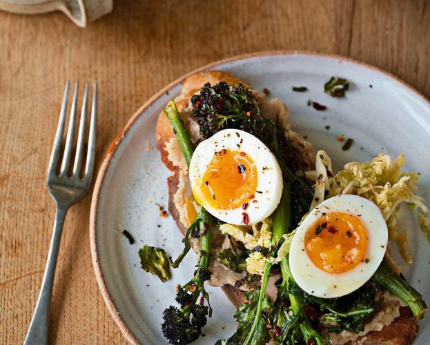 Charred PSB, pickled cabbage, jammy eggs and beans on fried bread