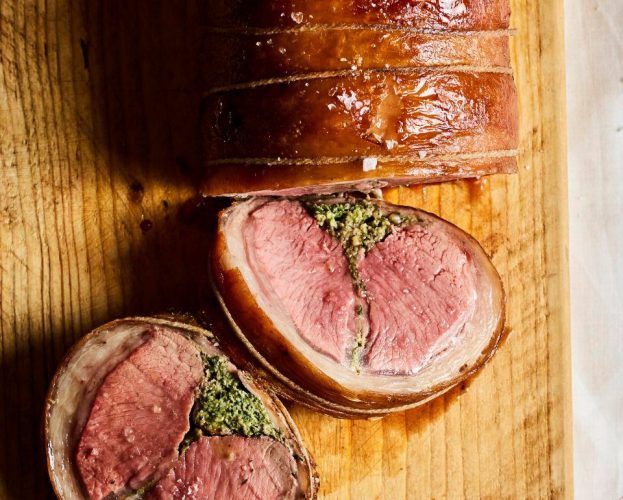 Lamb saddle stuffed with a herby chicken mousseline