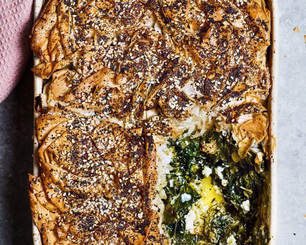 Greens and goat’s cheese ‘everything’ crinkle pie